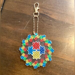 Autism Awareness Multicolor Beaded Puzzle Piece Keychain with Gold Clip